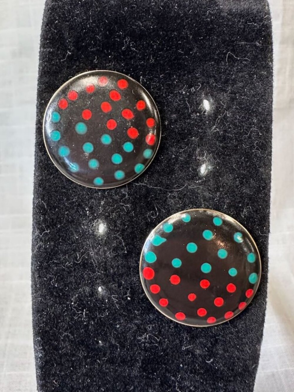 5/$5 Vintage 1980s Red and Blue Polka Dot Round Black Earrings